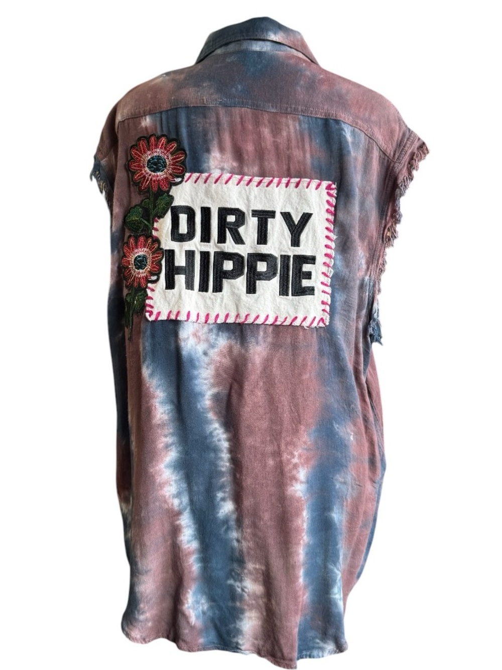Tie-Dye Sleeveless Shirt with 'Dirty Hippie' Patch on back